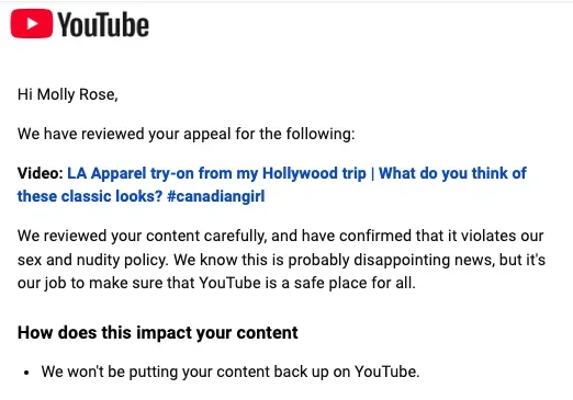 Molly Rose Youtube censorship